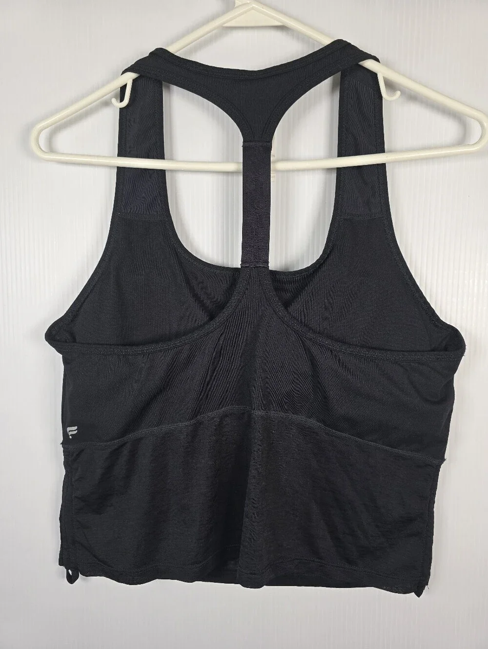 Fabletics Women's Ryan Midi Black Logo Sports Bra Mesh Bottom Ruched Sides SizeL